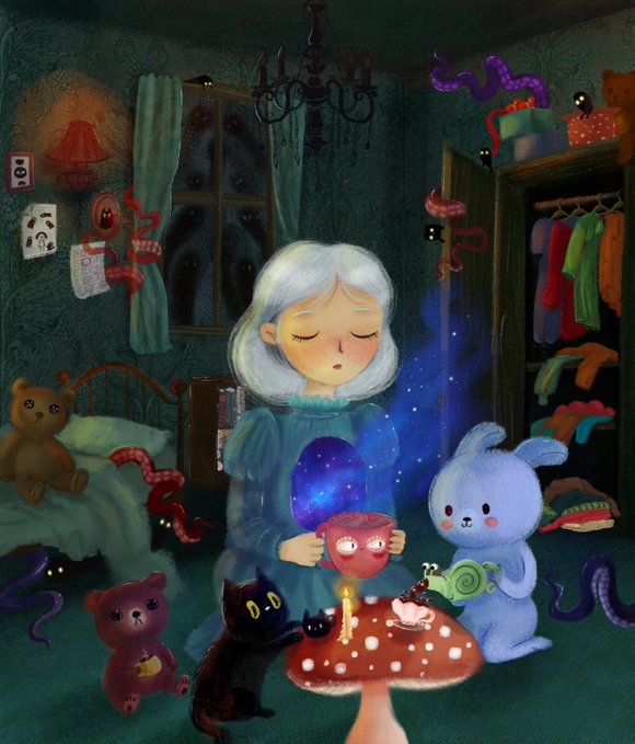 A whimsical illustration of a silver-haired girl drinking from a glowing red cup in a dark, cozy room filled with a teddy bear, black cat, blue bunny, and other toys around a mushroom-shaped table.