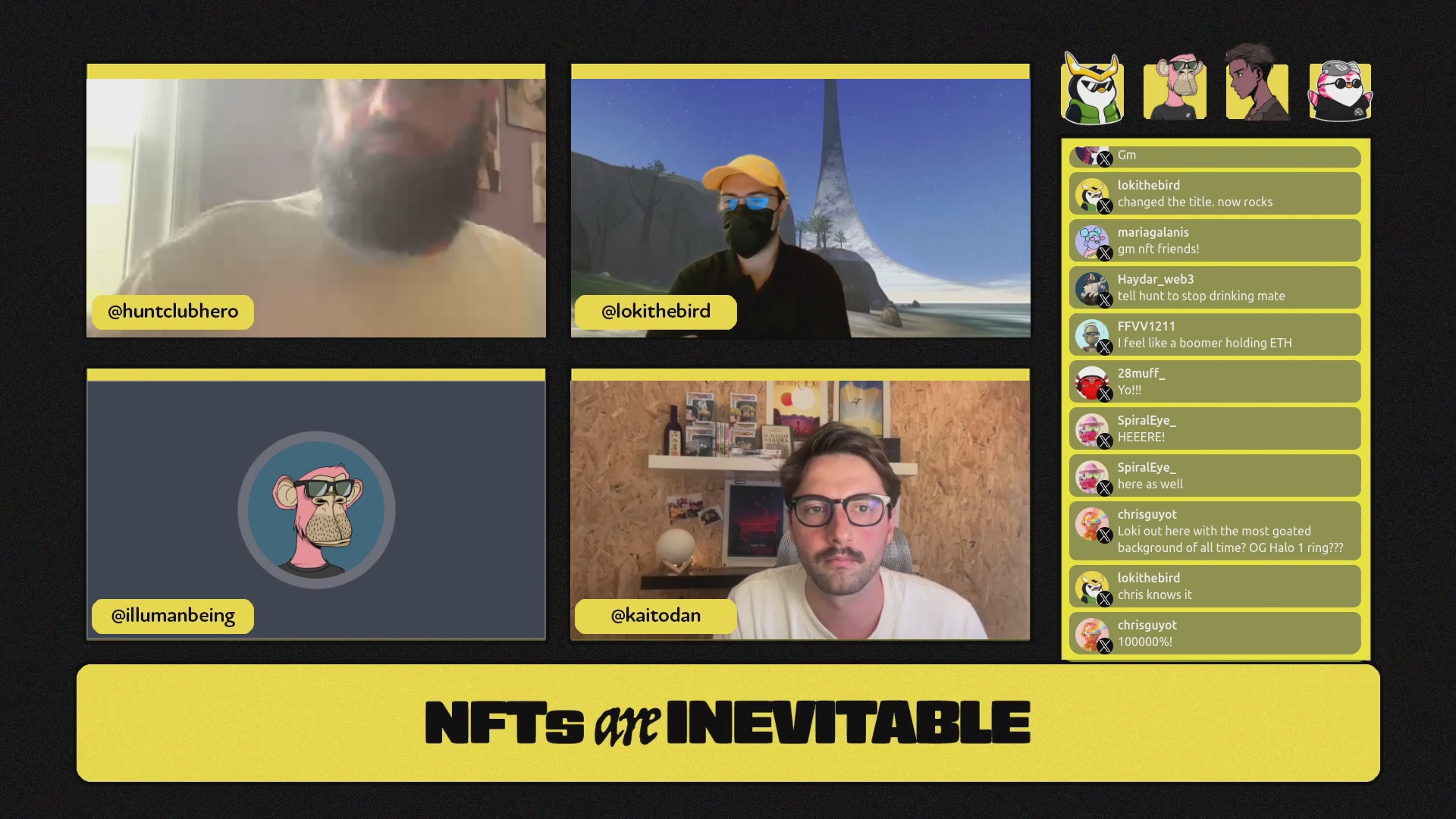 The image shows a computer screen with four different screens displaying various images, including one of a man wearing a yellow hat and glasses. The caption for the image reads "NFTS OF INVITABILITY", which suggests that the content on the screens is related to the concept of NFTs or non-fungible tokens.