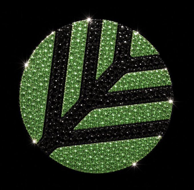 A circular logo featuring a black tree-like design on a green glittery background, surrounded by small white sparkle effects on a black background.