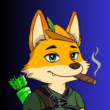 A cartoon fox character wearing a green hat and vest with a quiver of arrows on its back, smoking a cigar. The anthropomorphic, laid-back fox illustration accompanies a promotional post about Hoodlock ($LOCK) launching an NFT collection on the Robinhood chain.