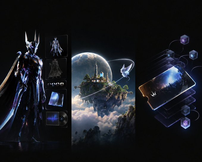 Three-panel fantasy/sci-fi digital artwork showing a dark armored warrior character design, a floating castle island with a moon backdrop, and a glowing screen displaying a cosmic scene.