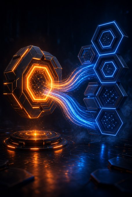 A digital artwork showing a glowing orange hexagonal structure connected to multiple blue hexagonal panels by flowing streams of light particles.
