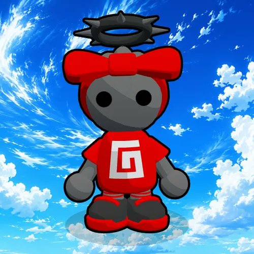 An illustration of a small character wearing a red hoodie with a white square logo, topped with a spiked crown, set against a bright blue sky with clouds.