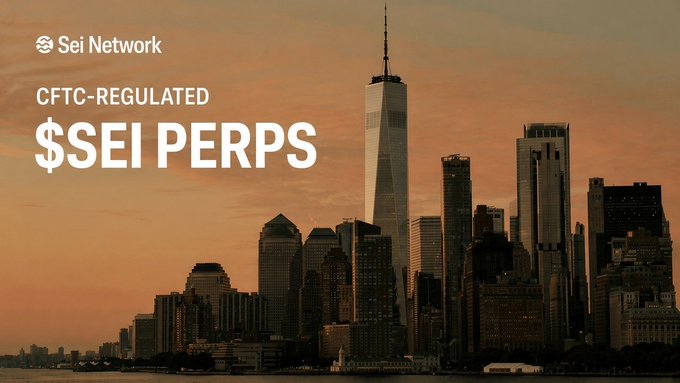 Sei Network announces CFTC-regulated $SEI perpetual futures against a city skyline, with text highlighting the "$SEI PERPS" listing as a new regulated access point alongside BTC, ETH, SOL, and XRP.