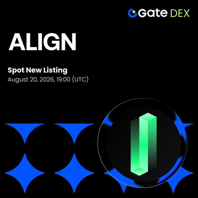 Gate DEX promotional graphic announcing the spot new listing of the token ALIGN on August 20, 2026, at 19:00 (UTC), featuring a green crystal-like logo.