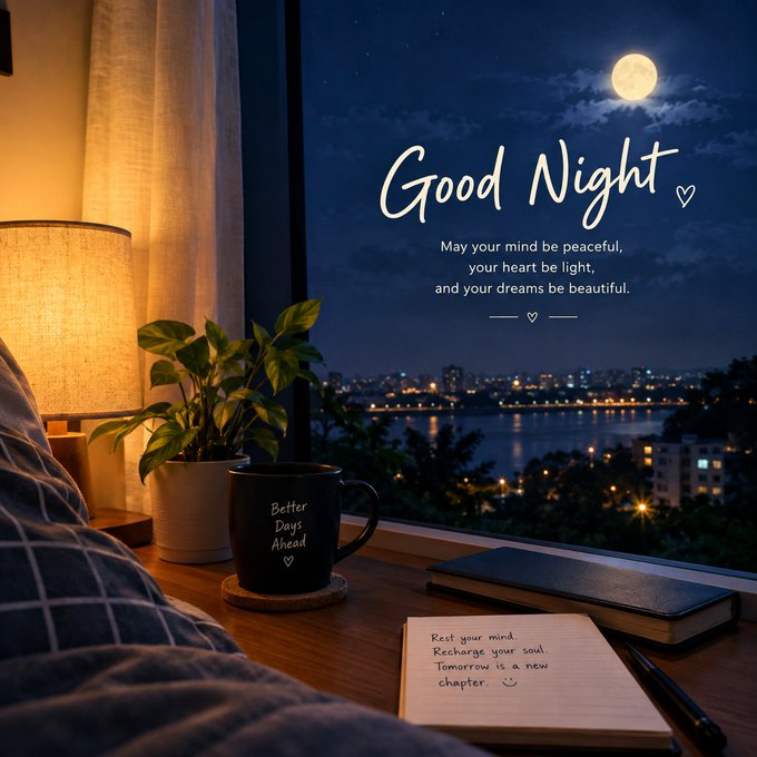 A cozy 'Good Night' themed digital image featuring a window view of a full moon over a city, a lit lamp, a plant, a black 'Better Days Ahead' mug, and a notebook with an encouraging message.