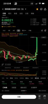 A mobile screen showing a DOGE/USDT trading chart on what appears to be a cryptocurrency exchange app, with candlestick patterns and price data displayed.