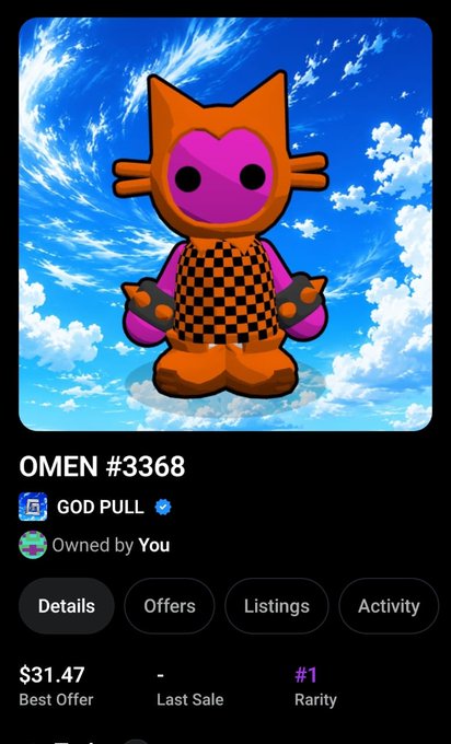 A screenshot of an NFT listing for OMEN #3368, showing a cartoon orange cat-like character with a pink face wearing a checkered shirt against a cloudy sky background, with a GOD PULL verified status, owned by You, and a best offer of $31.47.
