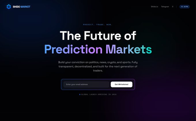 The image shows a website called ShidoMarket.com, which has an eye-catching design with purple and black colors against a dark background. The main feature of the website is its focus on predicting markets. The title of the post, "The Future of Prediction Markets," highlights the theme of the blog. On the left side of the image, there's a button that reads "enter email", suggesting that visitors may have an option to sign up and join the site for trading predictions and news.