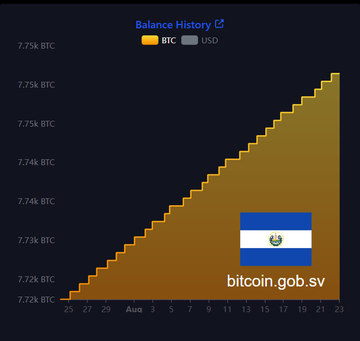 El Salvador’s Bitcoin balance chart climbs steadily to about 7.75K BTC, with the country’s flag and “bitcoin.gob.sv” shown. It illustrates the reported daily BTC purchase, bringing the country’s total to 7,751.37 BTC valued at $599M.