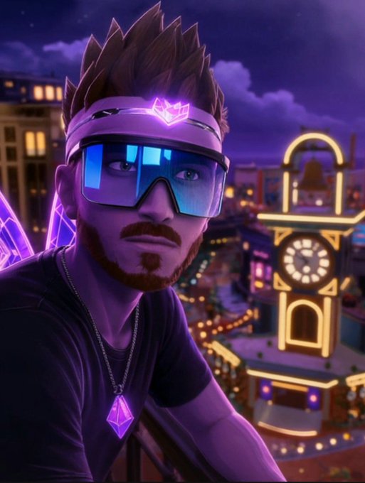 A 3D-rendered character portrait of a bearded man wearing blue-tinted sunglasses, a glowing headband with a crown emblem, and a purple crystal pendant, set against a neon-lit nighttime cityscape with a prominent clock tower.