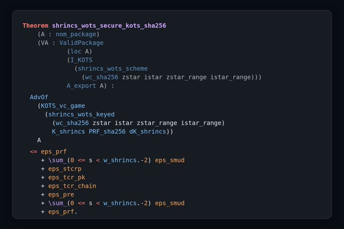 Screenshot of computer code displaying a mathematical theorem labeled 'shrinCs_wots_secure_kots_sha256' written in Rocq (Coq) proof assistant syntax on a dark background.