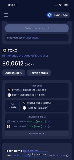 A mobile screenshot of a cryptocurrency/token swap interface showing 'TOKO' token details, price '$0.0612 (0.00%)', with options to 'Add liquidity' and view 'Token details', along with liquidity locks and TVL information; the timestamp shows 16:09.