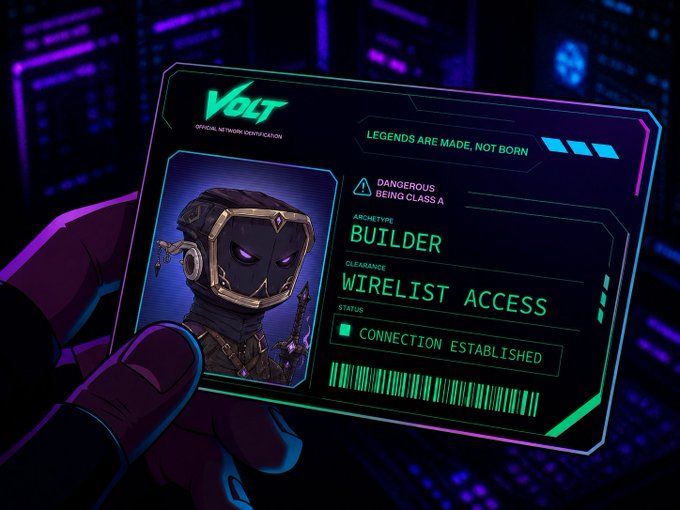 A cyberpunk-style ID card labeled 'VOLT' showing a hooded figure with a purple mask, identified as 'BUILDER' with 'WIRELIST ACCESS' and 'CONNECTION ESTABLISHED' status.