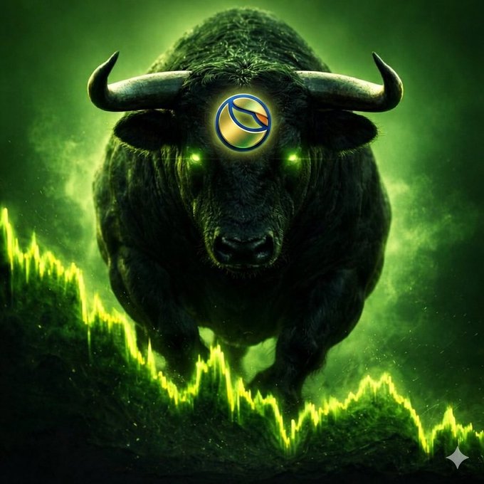 A digitally altered image features a powerful charging bull with green glowing eyes set against a green background with stock chart lines, with a basketball logo covering its forehead.