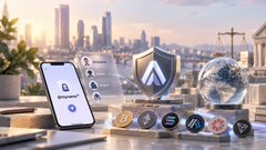 A digital illustration featuring a smartphone displaying an app, alongside a glowing shield icon with an 'A' logo and various cryptocurrency coins set against a city skyline.