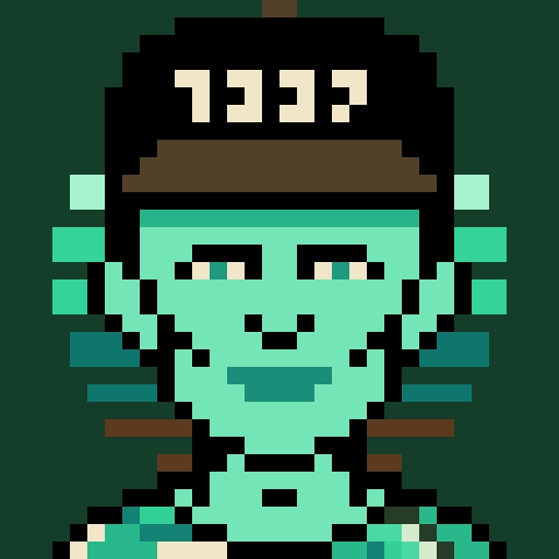 A pixel art portrait of a character with greenish skin, wearing a dark cap displaying the numbers '1337' (leet) in white pixels.
