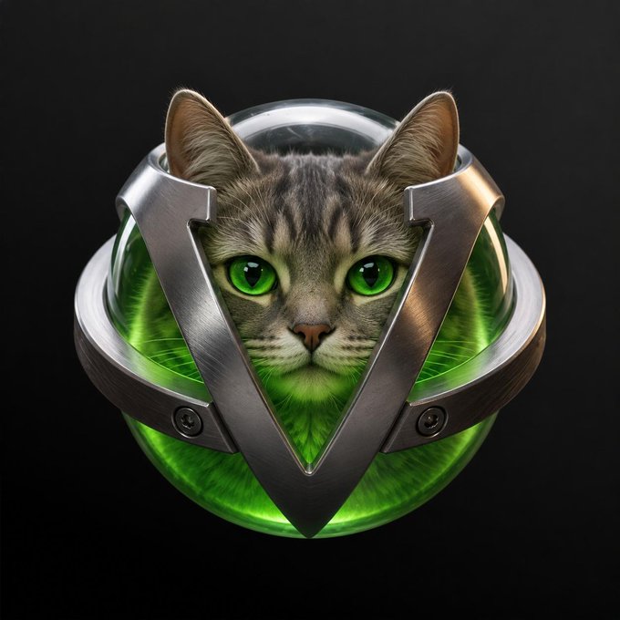 A tabby cat with bright green eyes peers out from inside a futuristic metallic containment pod filled with glowing green liquid. The image ties into $VEND as a creative mascot or brand visual, possibly symbolizing the project's mysterious, experimental, or sci-fi appeal.