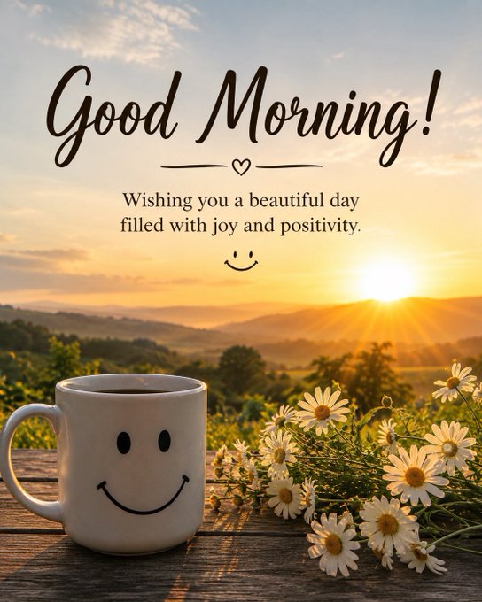 The image features a white coffee cup with a smiley face design, placed on a wooden table next to a bouquet of daisies. The background shows a beautiful sunset over mountains, creating a serene atmosphere for the scene. The caption "Good morning Can I got GM @wallchain @Nasun_io" is written above and below the cup, suggesting that it might be related to a social media post or message from someone named Nasun.