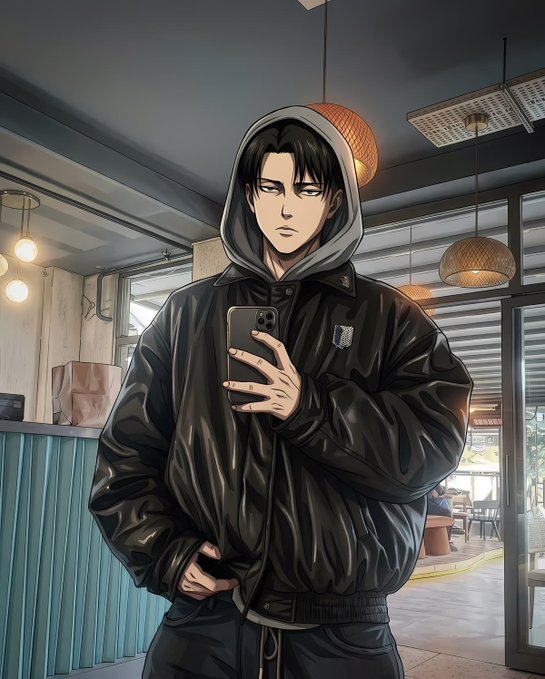An anime-style illustration of a serious-looking young man wearing a black hooded jacket, holding up a smartphone in a cafe setting.