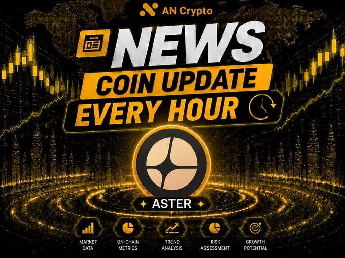 A digital promotional graphic for 'AN Crypto' features bold text reading 'NEWS COIN UPDATE EVERY HOUR' over a black background with gold accents, highlighting a central 'ASTER' coin logo and icons for 'MARKET DATA,' 'ON-CHAIN METRICS,' 'TREND ANALYSIS,' 'RISK ASSESSMENT,' and 'GROWTH POTENTIAL.'