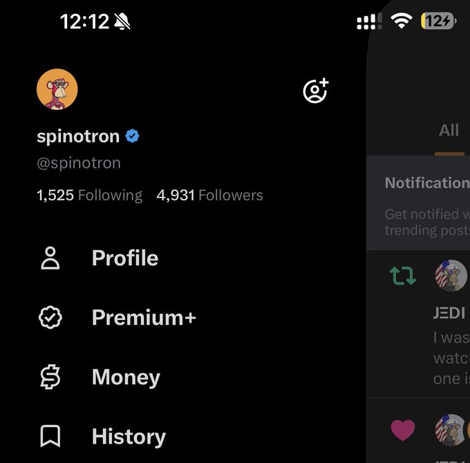 A screenshot of an X (Twitter) profile menu for 'spinotron' (@spinotron), showing 1,525 Following and 4,931 Followers, with navigation options for Profile, Premium+, Money, and History.