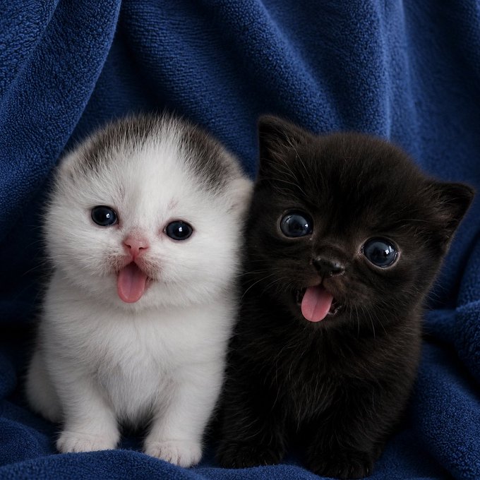 Two adorable kittens—one white with gray markings and one black—sit side by side on a blue blanket, both with their tongues sticking out in a cute, silly pose that captures the playful essence of a classic internet meme coming back into the spotlight.