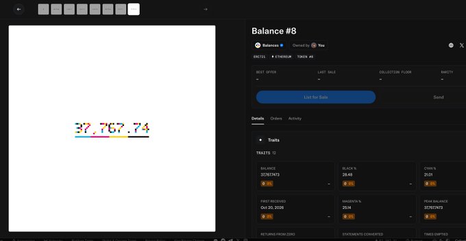 Digital asset management interface displaying a balance of 37,767.74 on the left and NFT traits for 'Balance #8' including balance traits, first received date, marginal value, and peak balance.