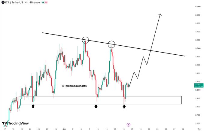 A 4-hour ICP/TetherUS chart on Binance from TradingView by @Tehlamboxcharts showing candlestick patterns with trendline analysis and a green support zone.