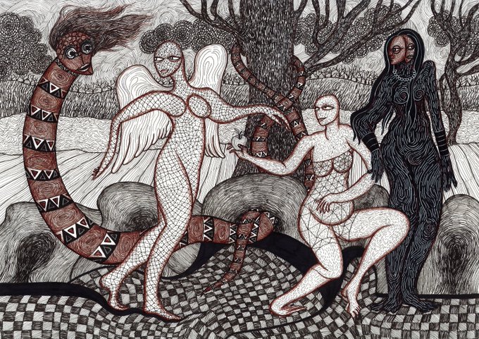 A black and white drawing of four stylized figures including winged humanoids, a patterned serpent, and a dark flowing figure against a checkered floor and forested background.