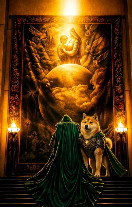 A fantasy-style illustration depicting a cloaked figure in a green cape standing on stone steps, gazing up at a massive tapestry illuminated by glowing light, accompanied by a Shiba Inu dog wearing armor.