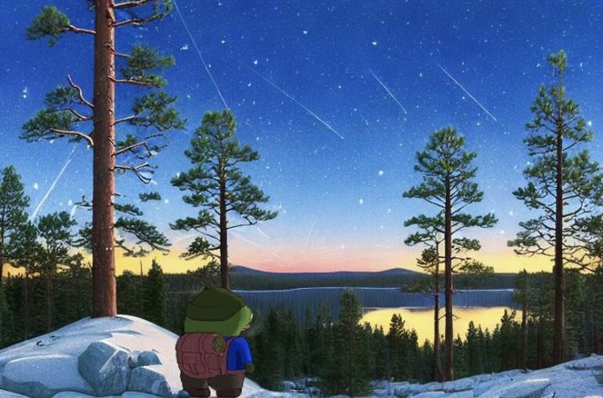 An illustrated scene of a green turtle-like character with a backpack standing on a snowy rock, watching a starry night sky with shooting stars over a forest and lake.