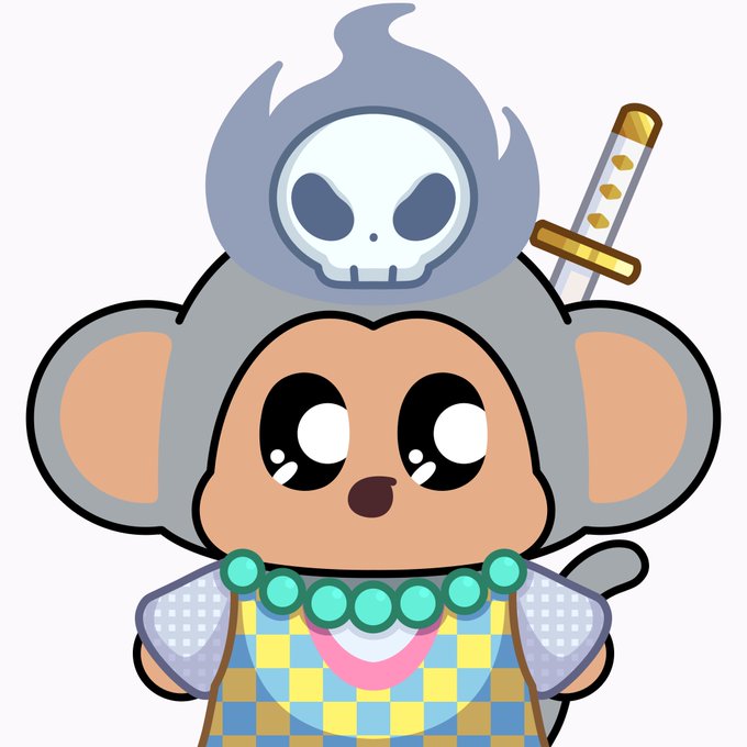A cartoon chimp character with large expressive eyes wears a samurai-inspired gray flame-adorned helmet featuring a skull emblem and a katana, paired with a turquoise beaded necklace and a checkered yellow and blue robe. The image illustrates the playful, anime-inspired aesthetic of the Chimpers NFT collection mentioned in the post.