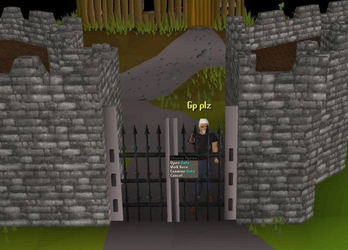 A screenshot from a video game showing a character standing behind a castle gate with the text 'Gp plz' floating above their head.