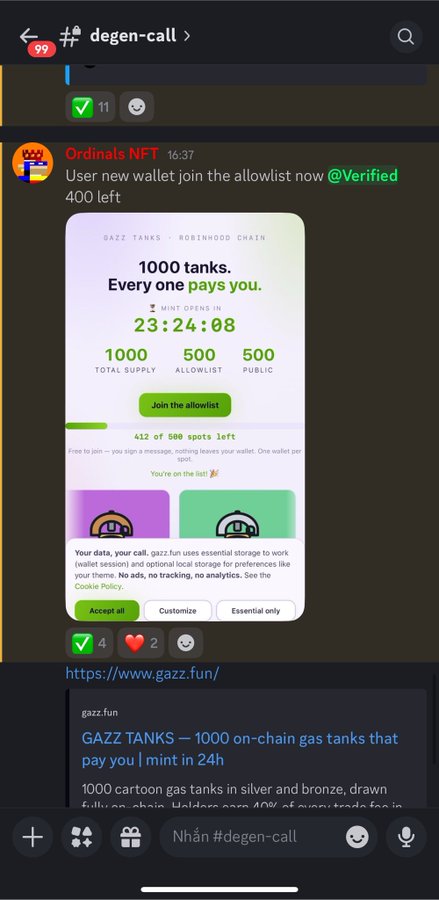 A Discord message in #degen-call from "Ordinals NFT" promotes Gazz Tanks on Robinhood Chain, advertising 1000 on-chain gas tanks with a 23:24:08 mint countdown and claiming only 412 of 500 allowlist spots remain—contradicting the post's claim that the allowlist is already full.