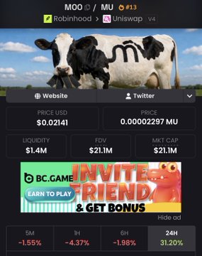 A screenshot of a cryptocurrency tracking page showing MOO token on Robinhood and Uniswap, priced at $0.02141 USD with a market cap of $21.1M, featuring a cow graphic and a BC.GAME advertisement.