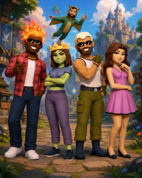 A group of five diverse animated characters, including a man with a flaming crown, a green-skinned woman with a tiara, a muscular man in a tank top, a woman in a pink dress, and a flying dragon-costumed figure, pose together in a fantasy kingdom setting with a castle in the background, embodying the vibrant "GM PLAYERS" community theme.