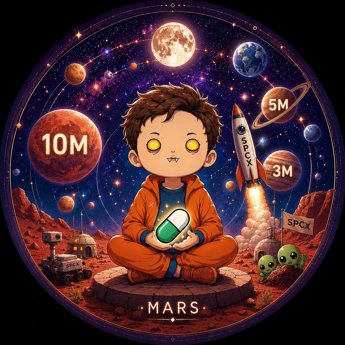 The image features a cartoon boy sitting cross-legged with a pill in his hand, surrounded by planets and stars. The planets include Earth, Mars, and Saturn, each representing different aspects of human exploration and discovery. The starry background suggests that this scene is set in outer space or a celestial environment. The post caption reads: "$SPCX embodies a refined vision of innovation, exploration and limitless ambition. Set against a majestic cosmic landscape, this artwork reflects the pursuit of progress beyond conventional boundaries."