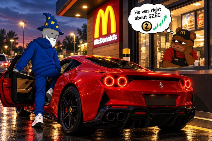 A wizard in a blue hoodie and star-covered hat steps out of a red Ferrari parked outside a McDonald's at night, while a bear mascot at the drive-thru window thinks "$ZEC was right about" the price, referencing the $ZEC cryptocurrency mentioned in the post.