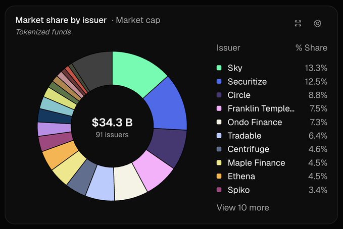 This pie chart visualizes the market share by issuer for tokenized funds, showing a total market cap of $34.3 billion with Sky leading at 13.3%. It directly supports the post's revelation of the tokenized funds market reaching an all-time high and Sky's dominant position.