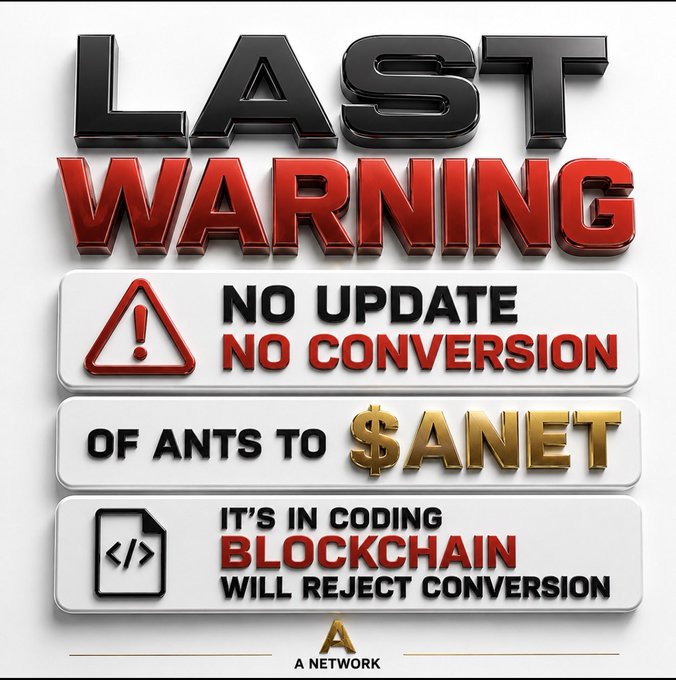 A warning graphic for 'ANET' (A Network) stating 'NO UPDATE NO CONVERSION OF ANTS TO $ANET' and noting 'IT'S IN CODING BLOCKCHAIN WILL REJECT CONVERSION'.