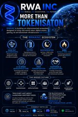 An infographic titled 'RWA INC: MORE THAN TOKENISATION' describing a blockchain ecosystem with various icons representing services like AI NFT, marketplace, DEX, and Web3 ecosystem.