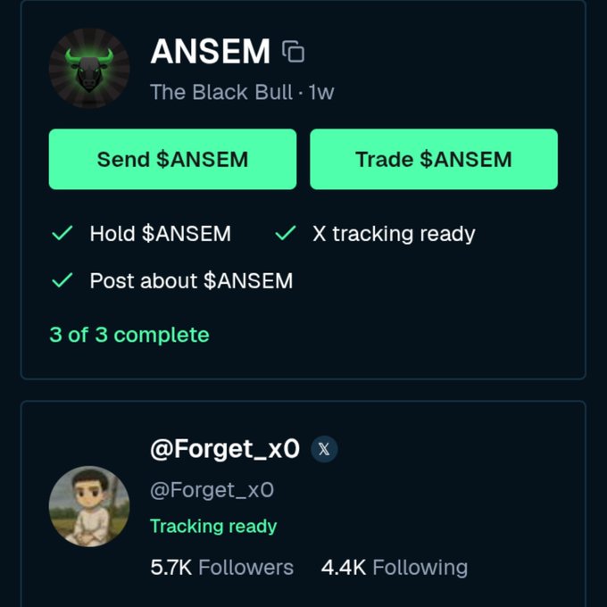 A crypto airdrop page for "$ANSEM" showing completed tasks including holding, posting, and X tracking, alongside a connected account "@Forget_x0".