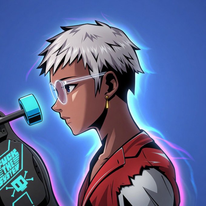 The image features a cartoon character wearing glasses, a red jacket, and a skateboard with blue wheels. The character appears to be looking down at something or someone, possibly a friend or another character. The background of the image is a solid blue color that contrasts with the character's attire and the skateboard. The post includes text such as "Happy weekend fam We keep grinding as always Stay tuned for my next update on AI Agents next week $ASTRA $NAKA $MAN $DIA $ETH $ONyc $LBM".