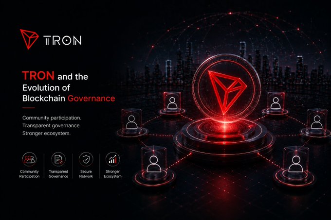 A promotional graphic for "TRON and the Evolution of Blockchain Governance" featuring a glowing red TRON logo connected to user icons, highlighting Community Participation, Transparent Governance, Secure Network, and Stronger Ecosystem.