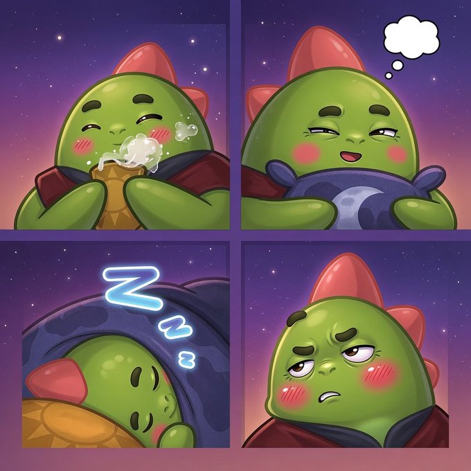 The image shows a cartoon green dinosaur character with a pink nose and horns, depicted in four different scenes. In each scene, the dinosaur appears to be sleeping or resting, accompanied by a thought bubble above its head that says "I am thinking about @Sleepagotchi". The post suggests that the NFT of the character is only one piece of the puzzle when it comes to understanding the ecosystem surrounding the character. It emphasizes the importance of considering all aspects and how they interact with each other, such as the character's relationship with the wellness platform or AI advancements in the future.