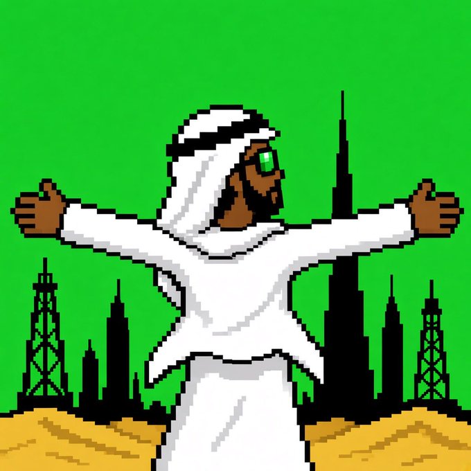 The image is a pixel art parody of Christ the Redeemer, depicting a figure in traditional robes with a green, dollar-sign-styled eye, set against a green sky with oil derricks and a city skyline in the background—symbolizing an oil-fueled financial blessing that visually reinforces the post's boast about profiting from "$OIL."