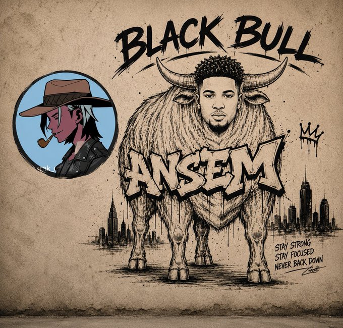 Graffiti-style artwork titled 'BLACK BULL ANSEM' featuring a bull with a human face, a circular inset of a cowboy character smoking, and a cityscape with the text 'STAY STRONG STAY FOCUSED NEVER BACK DOWN'.