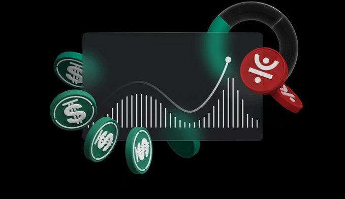 A financial illustration shows a bar chart with a rising trend line, surrounded by floating coins featuring dollar signs and a red coin with a unique symbol, set against a dark background.