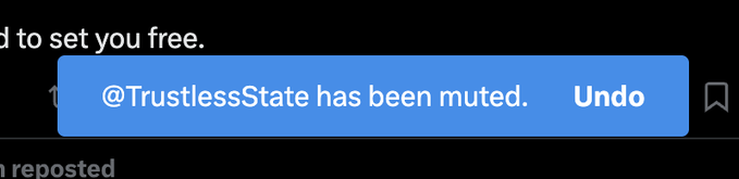 A screenshot of a message screen from a social media platform, showing that someone has been muted, with an unmention symbol at the bottom right corner. The caption beneath reads "Unmasked".